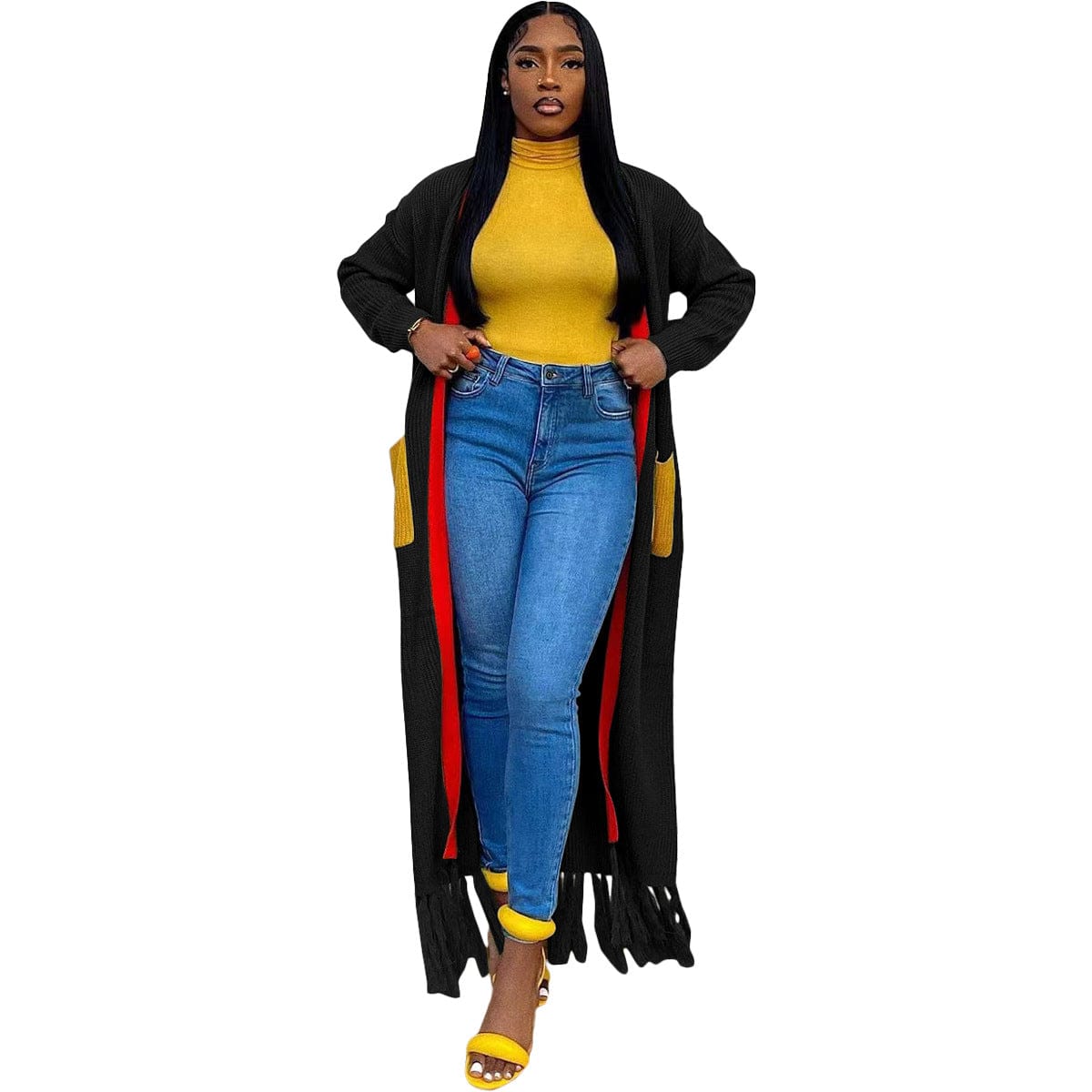 pls contact us to get better price / black C1102TA37 Dropshipping Casual Solid Color Tassel Long Cardigans For Women Sehe Fashion