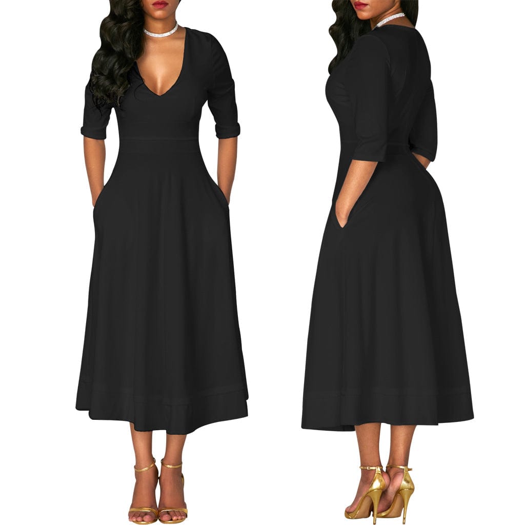 pls contact us to get better price / black C1103TA31 High Quality Casual V Neck Solid Color A-line Dress For Women Sehe Fashion
