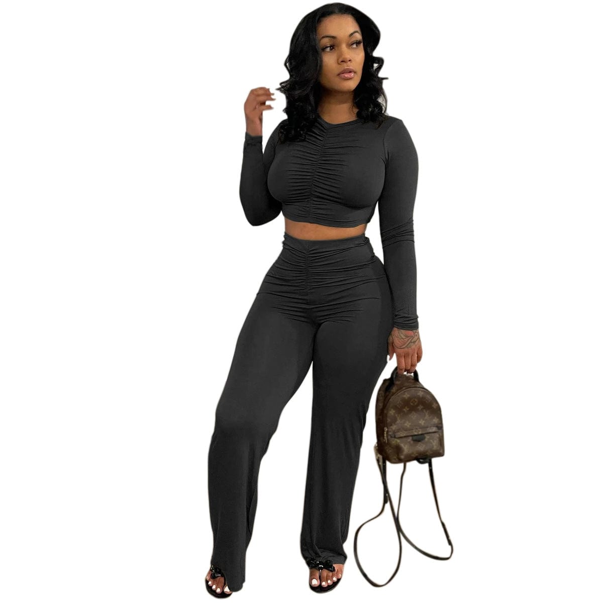 pls contact us to get better price / black C1103TA97 Autumn Stylish Casual Solid Color Pleated Crop Top Bodycon 2 Piece Set Women Sehe Fashion