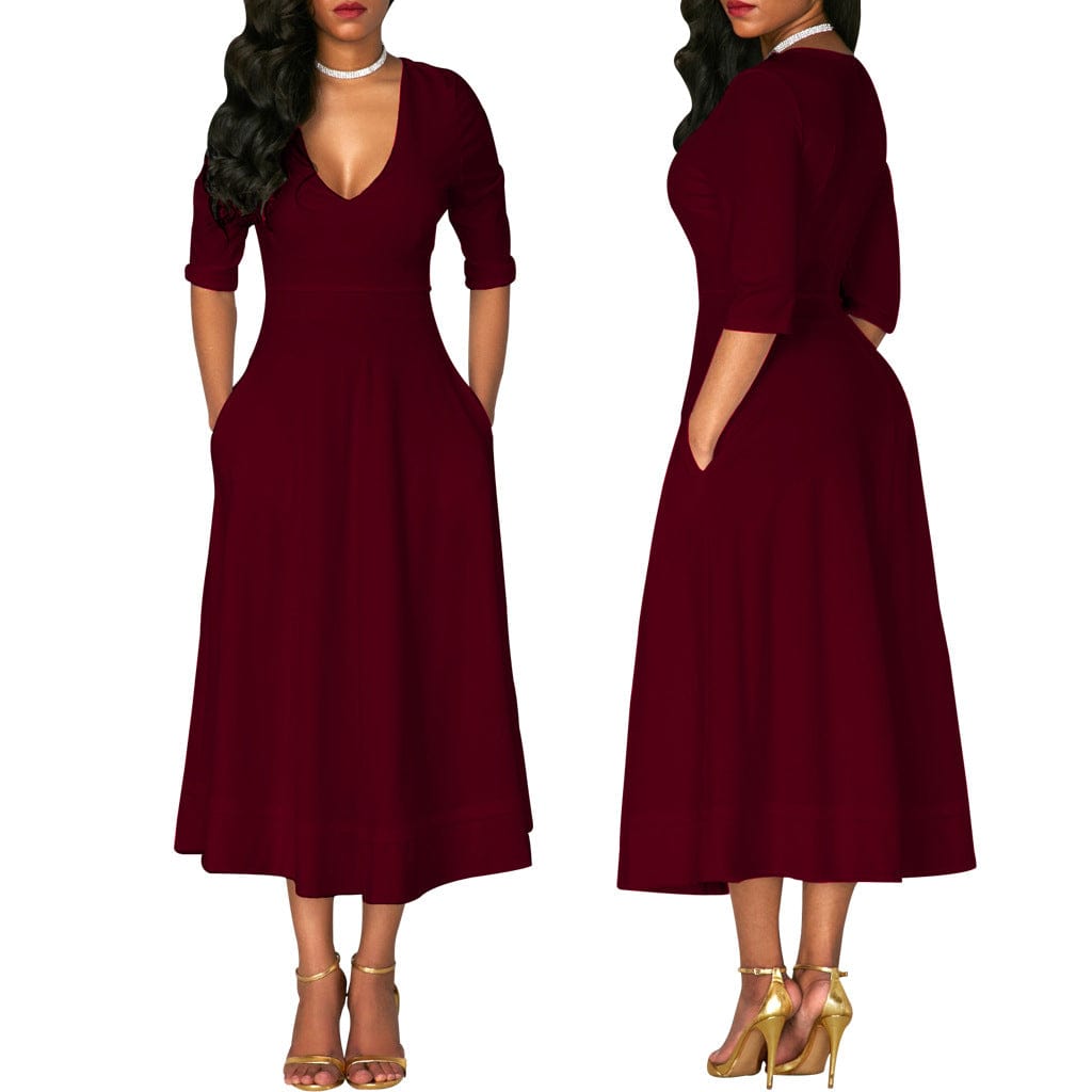 pls contact us to get better price / Burgundy C1103TA31 High Quality Casual V Neck Solid Color A-line Dress For Women Sehe Fashion
