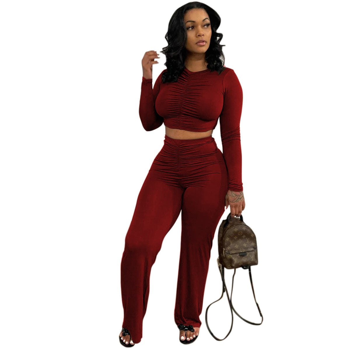 pls contact us to get better price / Burgundy C1103TA97 Autumn Stylish Casual Solid Color Pleated Crop Top Bodycon 2 Piece Set Women Sehe Fashion