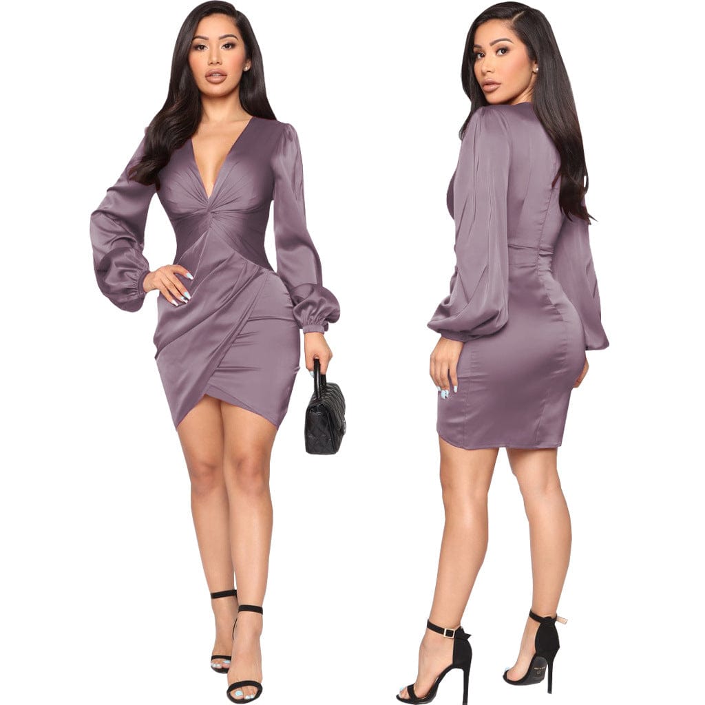 pls contact us to get better price / Gray C1103TA23 New Arrival Casual Solid Color V Neck Irregular Bodycon Office Dress Women Sehe Fashion