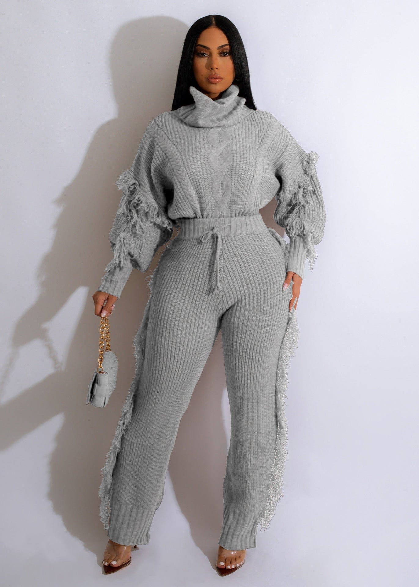 pls contact us to get better price / Gray C1103TA73 High Quality Casual Solid Color Turtleneck Knitted Tassel 2 Piece Pants Set Women Sehe Fashion