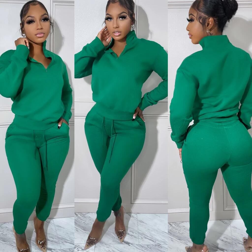 pls contact us to get better price / green C1103TA40 Latest Casual Solid Color Zipper Two Piece Pants Set F or Women Sehe Fashion