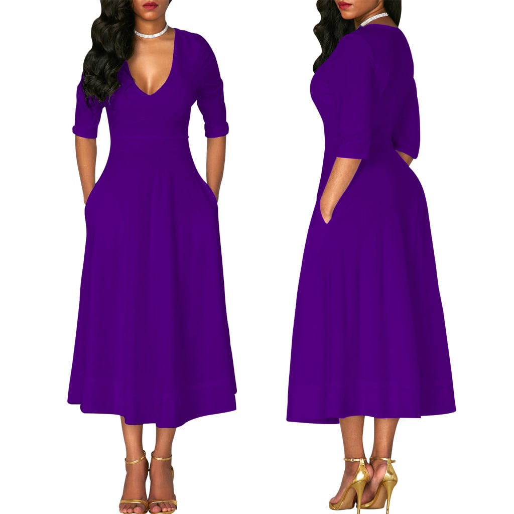 pls contact us to get better price / Purple C1103TA31 High Quality Casual V Neck Solid Color A-line Dress For Women Sehe Fashion