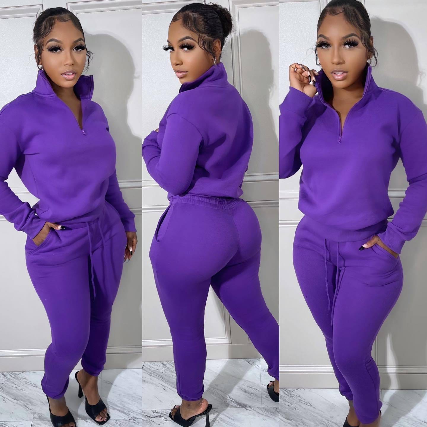 pls contact us to get better price / Purple C1103TA40 Latest Casual Solid Color Zipper Two Piece Pants Set F or Women Sehe Fashion