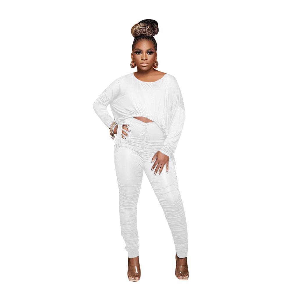 pls contact us to get better price / White C1101TA92 Latest Casual Solid Color Irregular Crop Top Pleated Two Piece Pants Set Women Sehe Fashion