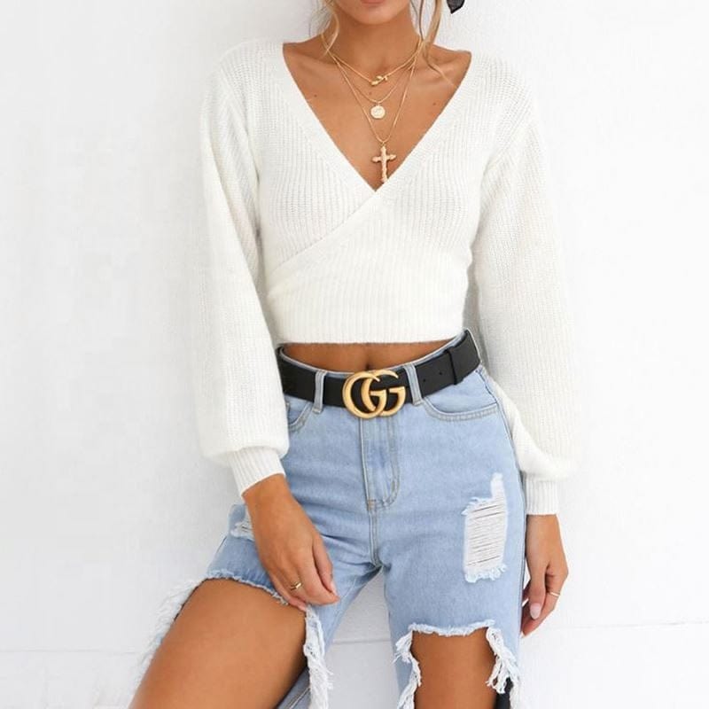 plus size / 01 Jumper Sweaters Bulk Wholesale Fashion Latest Winter Design Long Lantern Sleeve Cotton Slim Deep V Sexy Women Sweater Crop Top