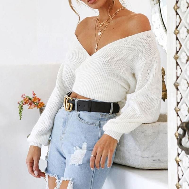 plus size / 03 Jumper Sweaters Bulk Wholesale Fashion Latest Winter Design Long Lantern Sleeve Cotton Slim Deep V Sexy Women Sweater Crop Top