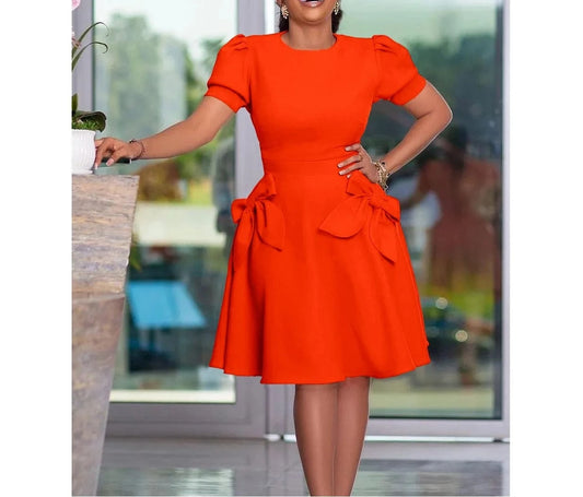 Plus Size African Dress Short Sleeve Bow A Line Ruffles Midi Dress Elegant Casual Career Formal Work Office Dresses Women