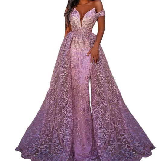 Plus Size Banquet Host Slim Net Gauze Sequin Evening Dress Dress Women Evening Party Dresses