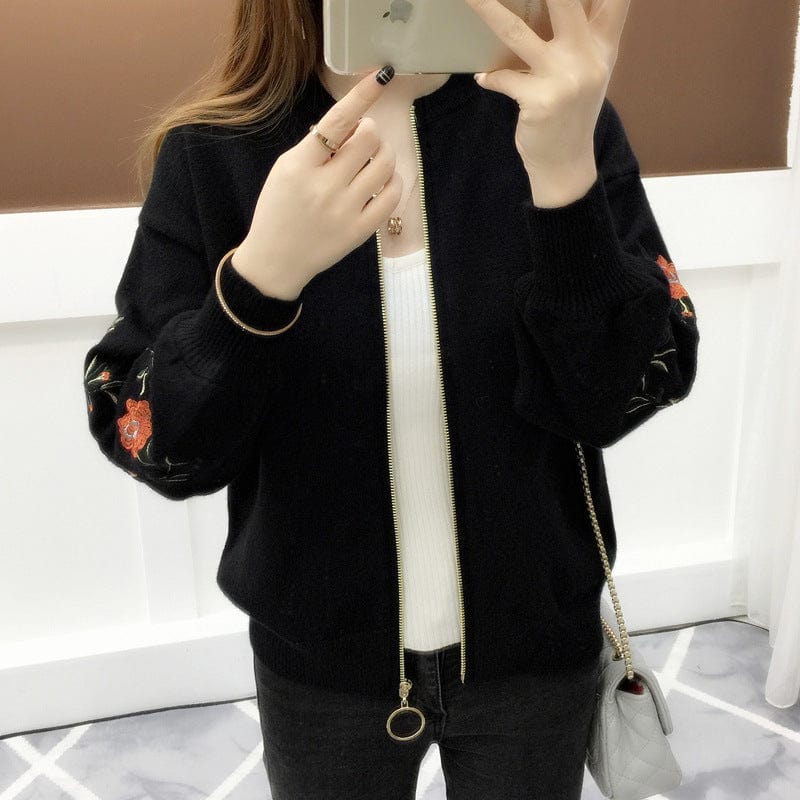 Plus Size / black New Arrival Sleeve Flower Embroidery Zip Front Women Short Sweater Coat