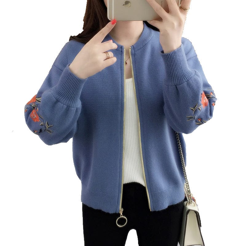 Plus Size / Blue New Arrival Sleeve Flower Embroidery Zip Front Women Short Sweater Coat