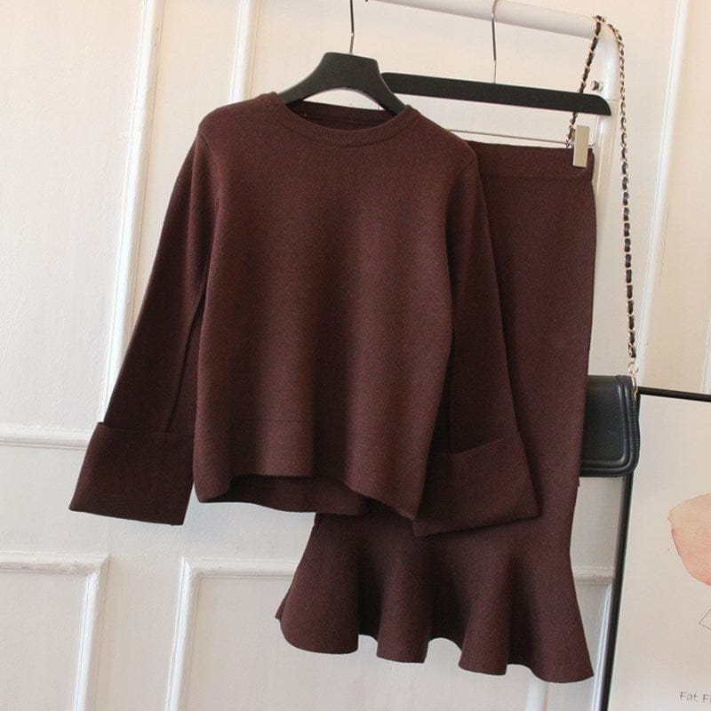 Plus Size / coffee Long Ray Latest New Arrival Korean Style Knit Crew Neck Top And Slim Fit Fishtail Skirt Twin Set