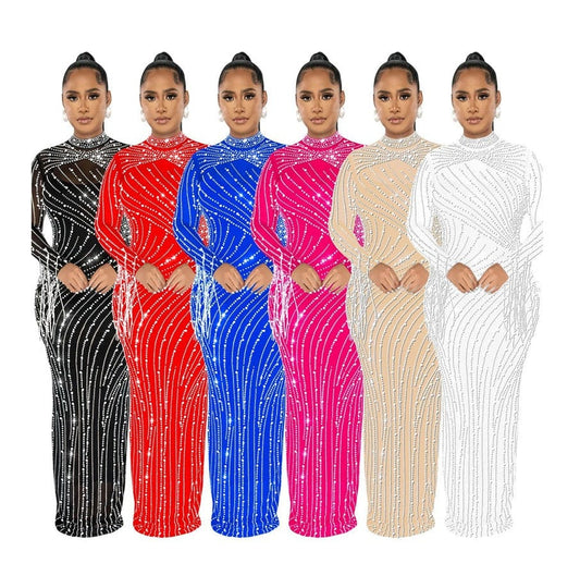 plus size elegant black blue heavy beaded rhinestone mesh transparent dress long sleeve party club evening dresses wedding party