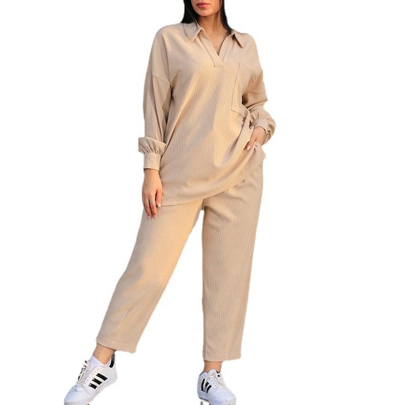 Plus size Fashion Casual Set 2023 Autumn Polo Long Sleeve Shirt and High Waist Pocket Casual Pants Sport set