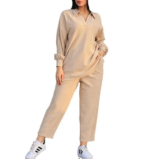 Plus size Fashion Casual Set 2023 Autumn Polo Long Sleeve Shirt and High Waist Pocket Casual Pants Sport set