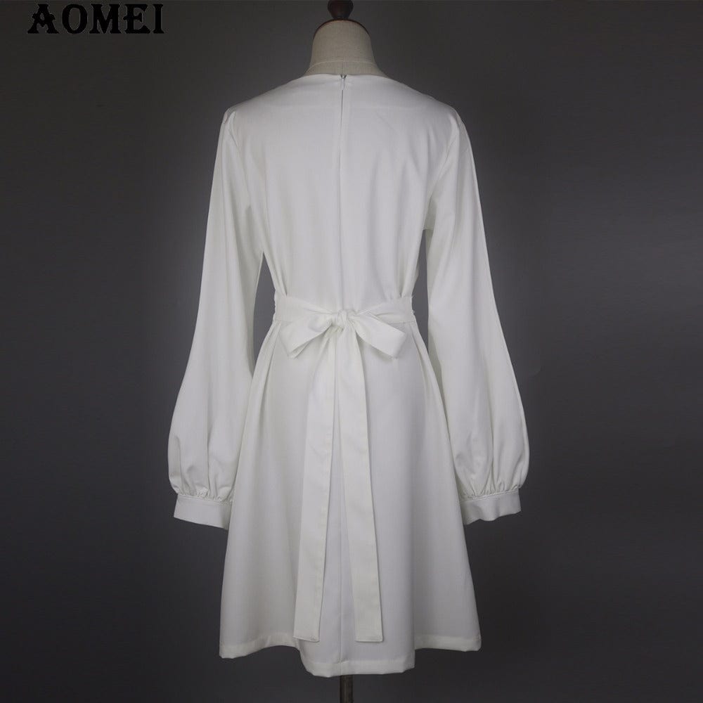 Plus Size High Waist Sashes Puff Sleeves Office Girl Career Dress