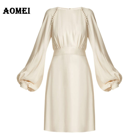 Plus Size High Waist Sashes Puff Sleeves Office Girl Career Dress