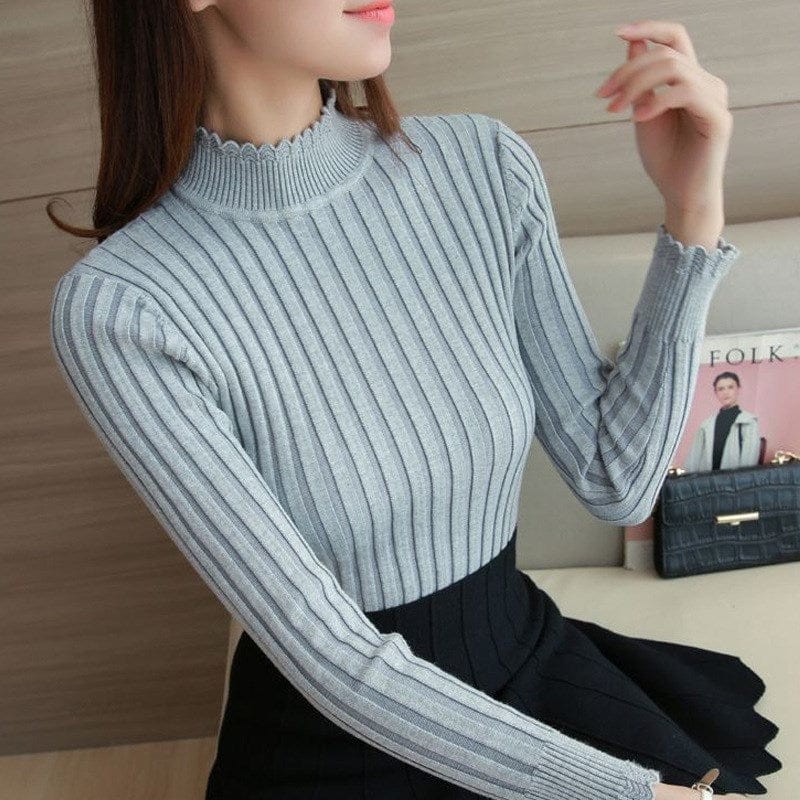 Plus Size / LIGHT GRAY Hot Sale Korean Style High Neck Slim Fit Girls Spring Thin Sweater