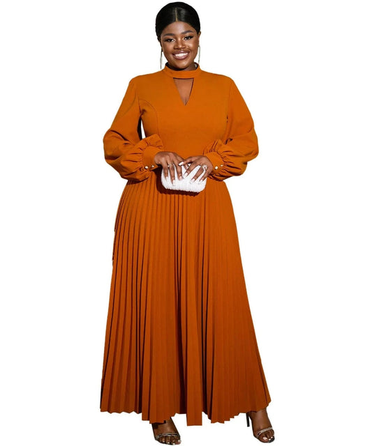 Plus Size Long Lantern Sleeves Cut Out Maxi Curvy Women Pleated Dresses