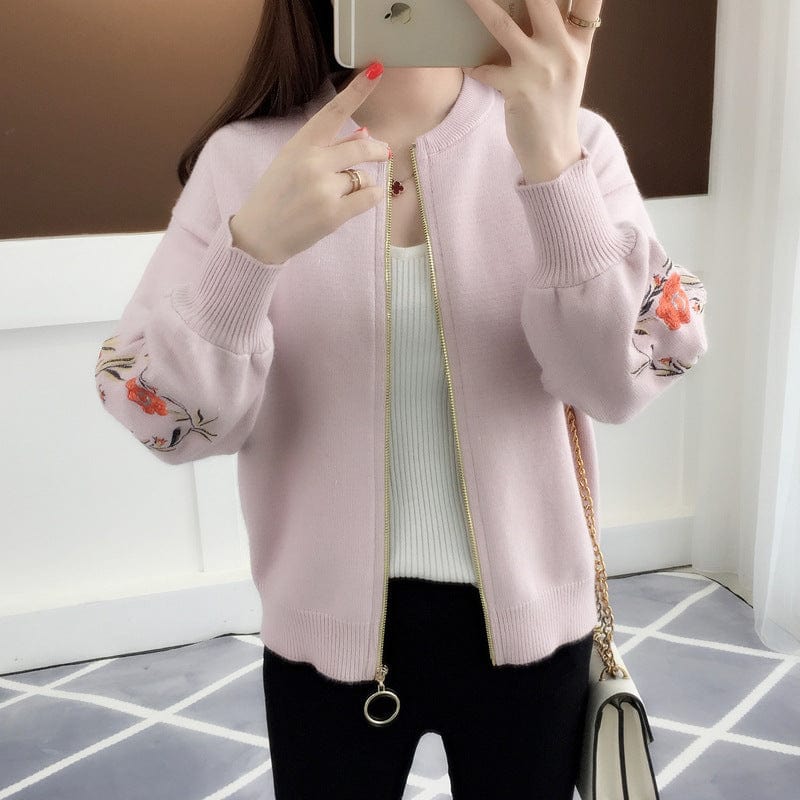 Plus Size / Pink New Arrival Sleeve Flower Embroidery Zip Front Women Short Sweater Coat