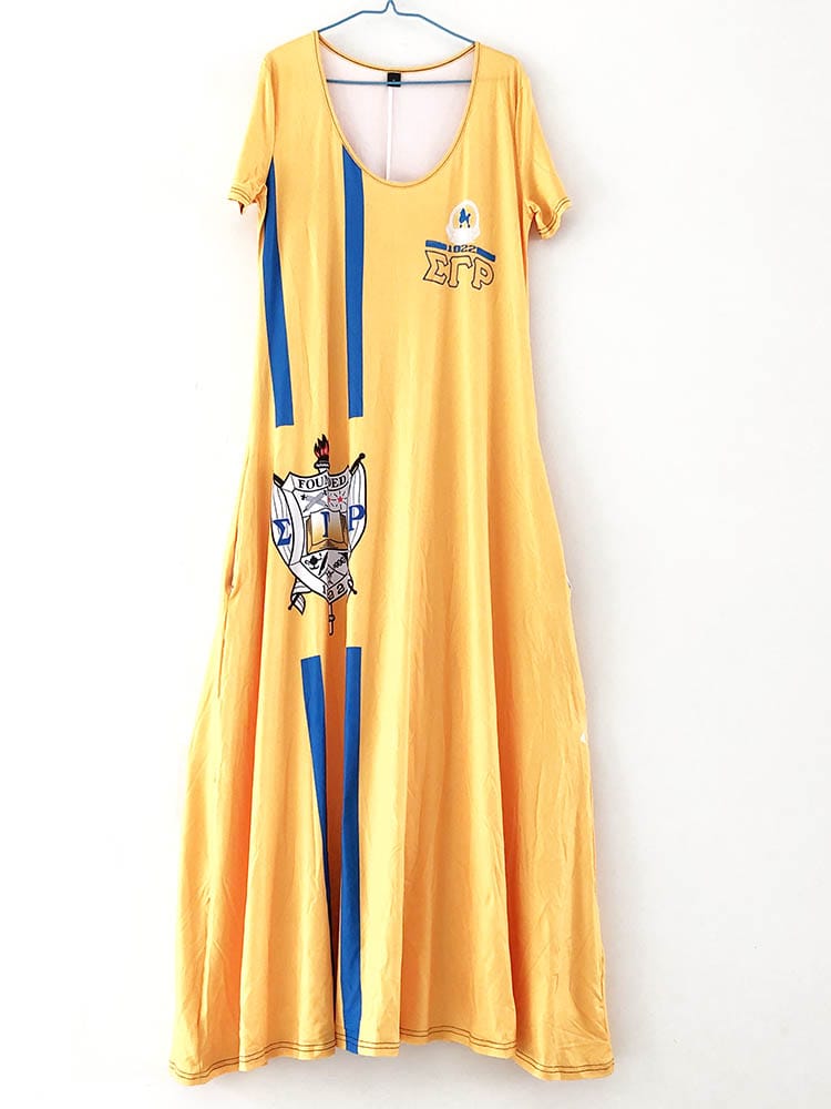 Plus Size Printed Milk Fiber Greek Sorority Custom SGRho Shield Gold & Blue Poodle 1922 Long V-Neck Skirt Sigma Gamma Rho Dress