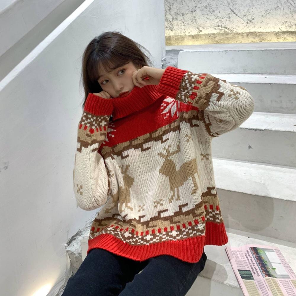 Plus Size / Red Jumper Sweaters V Fashion Winter High Neck Loose Pullover Diamond Knit Bottoming Shirt Turtleneck Women 100% Wool Thick Sweater