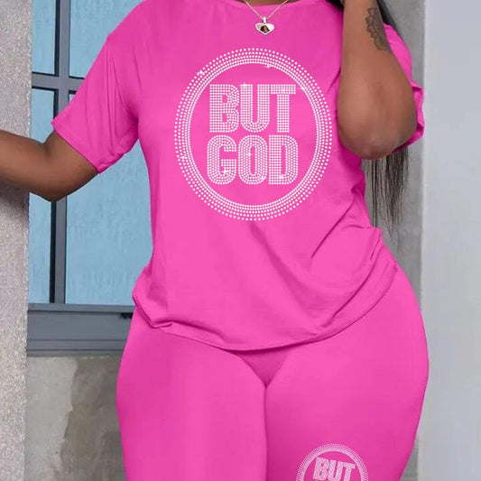 Plus Size Shorts Set  Rhinestone Letter Female Polyester Casual Regular Sleeve O Neck Matching Outfits But God Summer Clothings