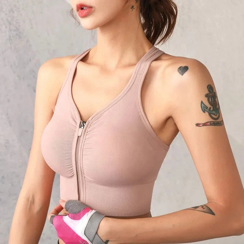 Plus Size Stretch Fit Wireless Sujetador Deportivo Running Workout Front Zipper Yoga Bra Seamless Sports Bra Crop Top For Womens