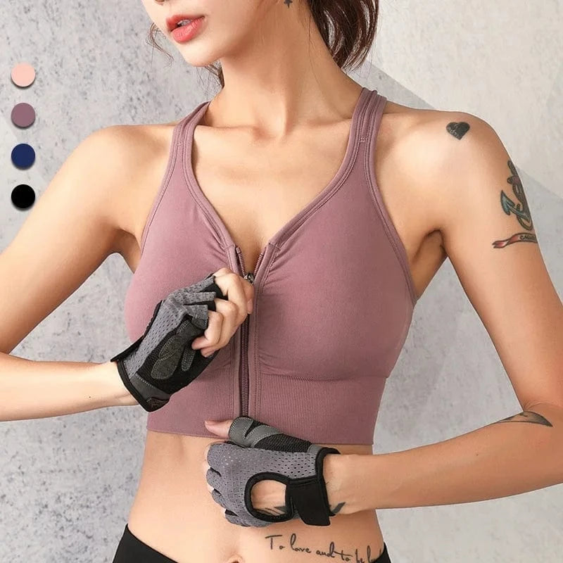 Plus Size Stretch Fit Wireless Sujetador Deportivo Running Workout Front Zipper Yoga Bra Seamless Sports Bra Crop Top For Womens