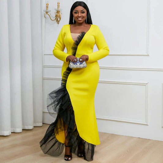Plus Size V Neck Ruffles Long Sleeves Maxi Fishtail Women Party Gowns