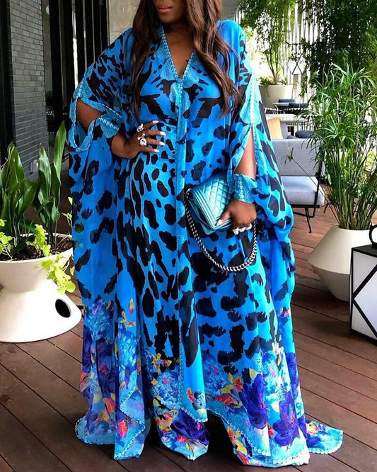 Plus Size Women's Printed Loose Elegant Blue Long Dress