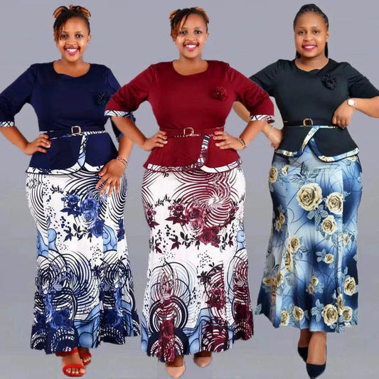 Plus Size Women Sets 2XL-6XL African Printed 3 Quarter Sleeve Skirt And Top Set For Women Skirt Set