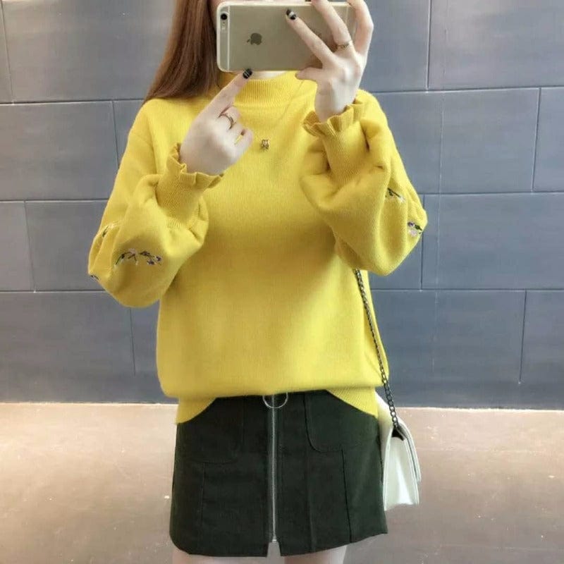 Plus Size / Yellow European And American Big Abstract Pattern Loose Bat Sleeve Thick Sweater Cardigan Mid-Length Coat Women