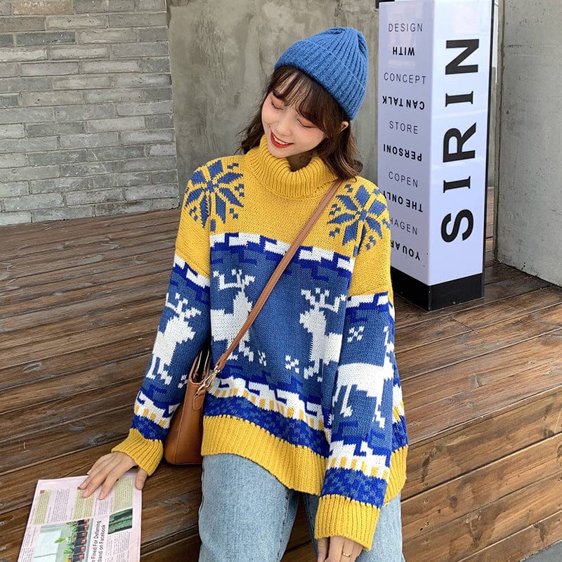 Plus Size / Yellow Jumper Sweaters V Fashion Winter High Neck Loose Pullover Diamond Knit Bottoming Shirt Turtleneck Women 100% Wool Thick Sweater