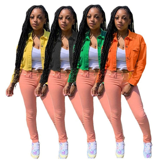 PN-6335 Women'S Jacket Fashion Multicolor Frayed Denim Jacket