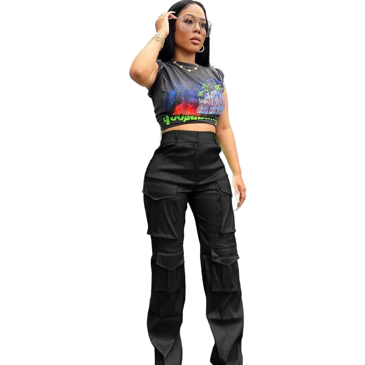 Polyester syed ladies autumn y2k cargo pants multiple pockets trousers