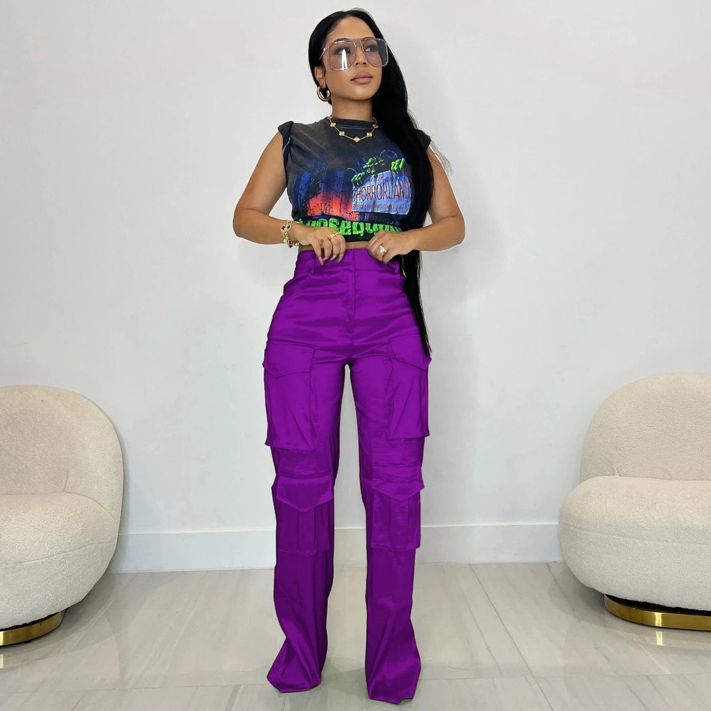 Polyester syed ladies autumn y2k cargo pants multiple pockets trousers