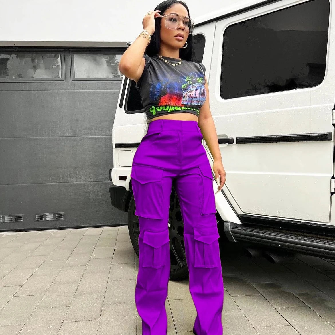 Polyester syed ladies autumn y2k cargo pants multiple pockets trousers