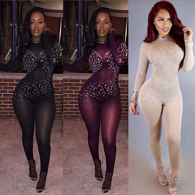 popular bodycon jumpsuit one piece full sleeve mesh diamond jumpsuit sexy women club wear playsuits EXM6008