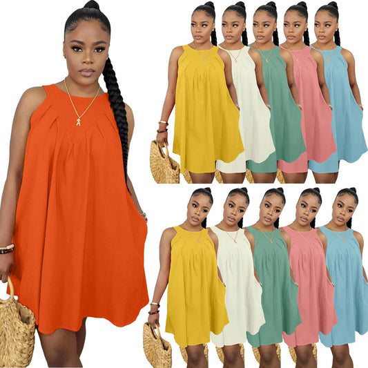 Popular Clothing 2022 New Sleeveless Solid Color Sleeveless Cotton Pocket Loose Dress