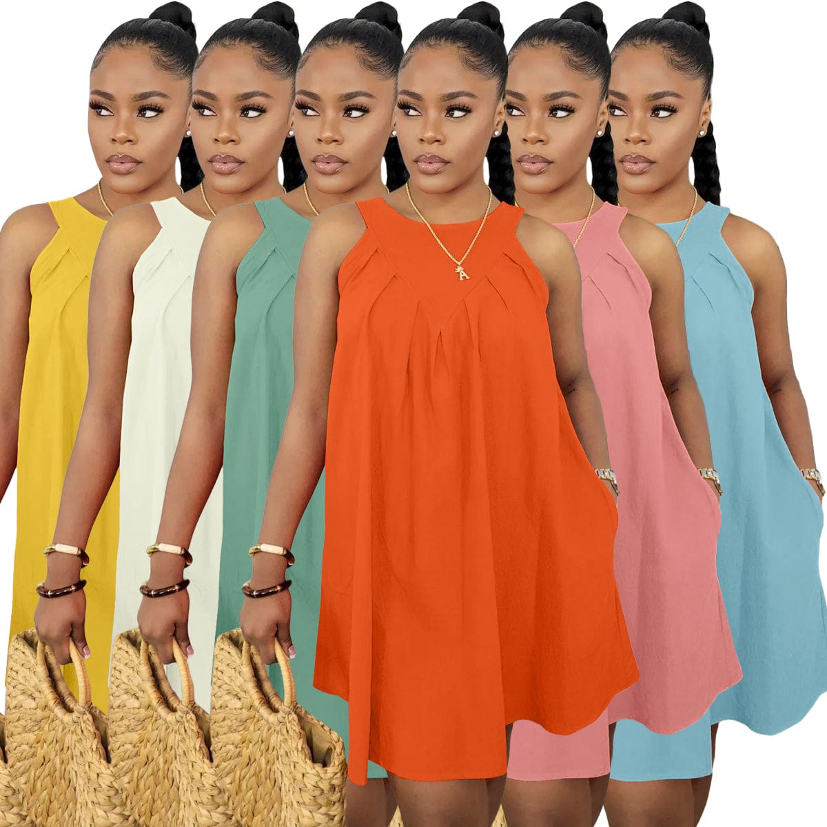 Popular Clothing 2022 New Sleeveless Solid Color Sleeveless Cotton Pocket Loose Dress