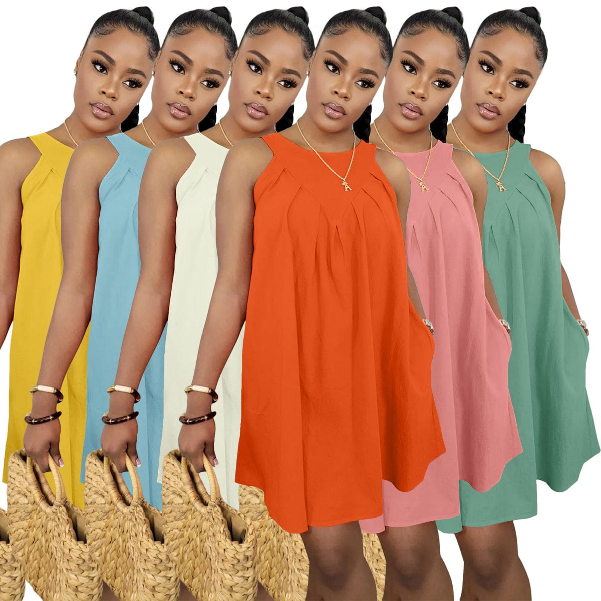 Popular Clothing 2022 New Sleeveless Solid Color Sleeveless Cotton Pocket Loose Dress