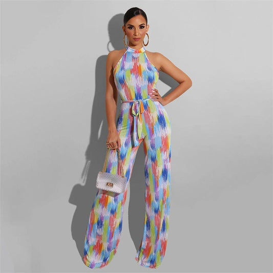 Popular New Design Ladies Loose Color Stripe Printed Halter Neck One Piece Jumpsuit Women  Casual Wide Leg Elegant Jumpsuits