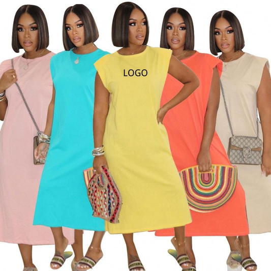 Popular Products Fashion Solid Color Slit Long Dresses Women Casual Round Neck Sleeveless Loose Simple Summer Dress