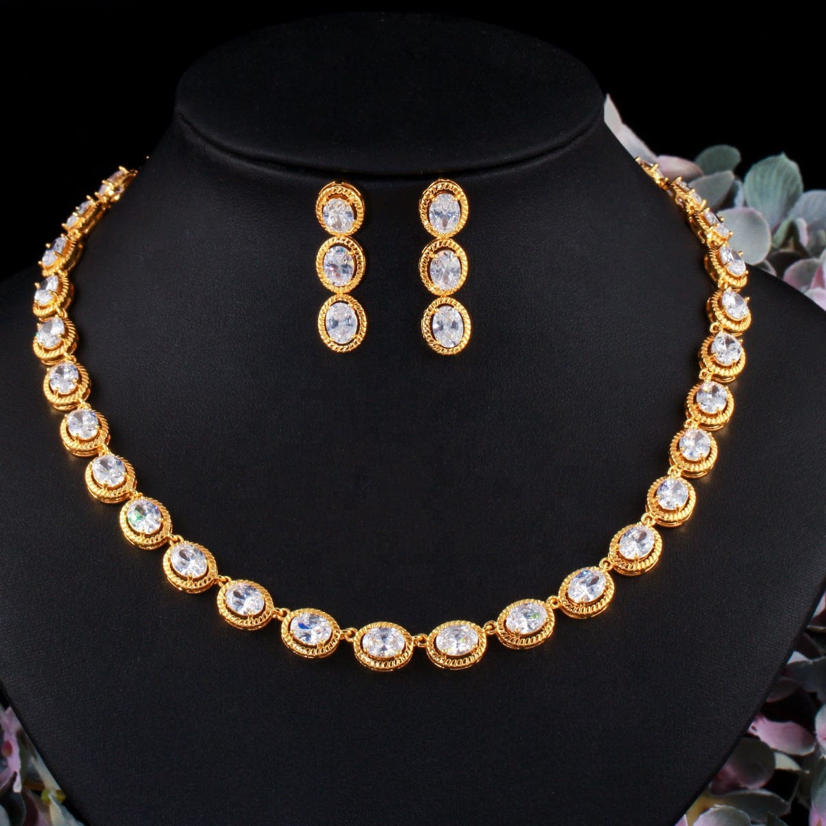 popular stylish  oval cubic zircon necklace earrings jewelry set for women wedding christmas gift