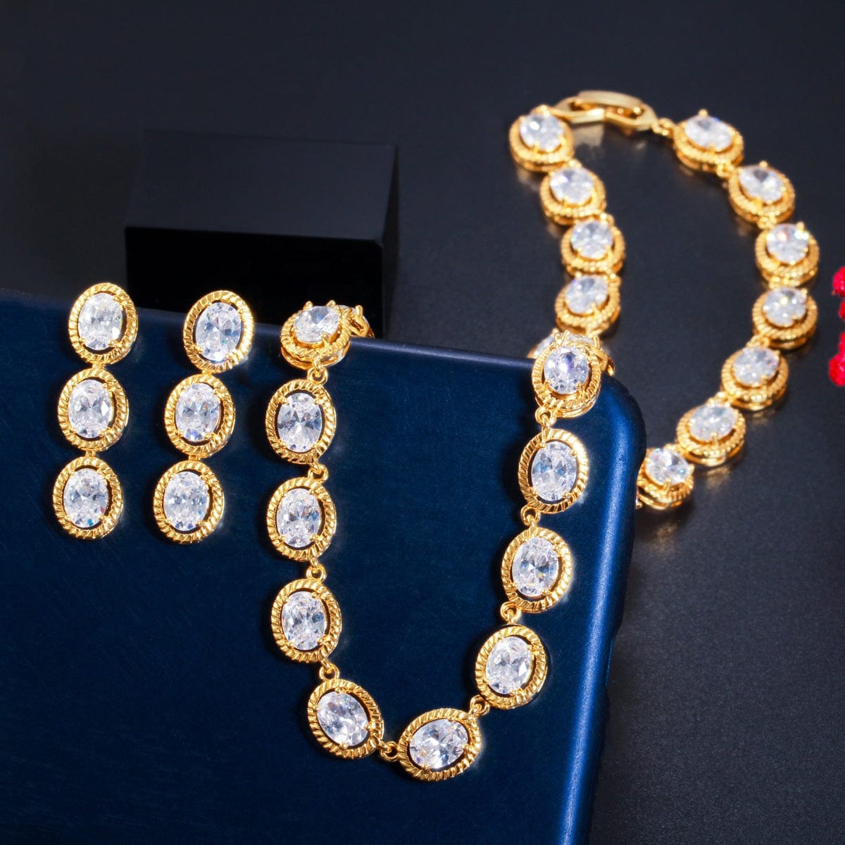 popular stylish  oval cubic zircon necklace earrings jewelry set for women wedding christmas gift