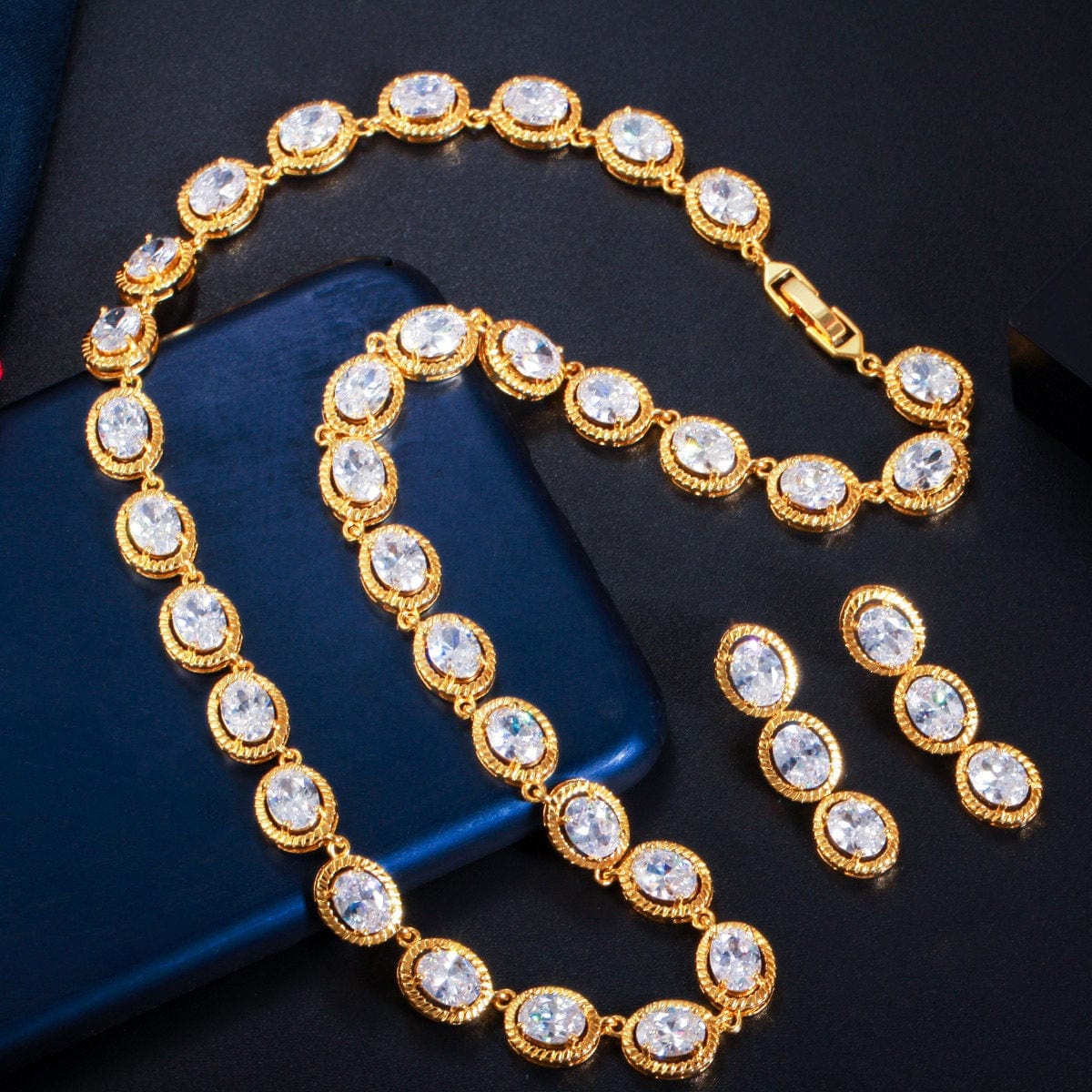 popular stylish  oval cubic zircon necklace earrings jewelry set for women wedding christmas gift