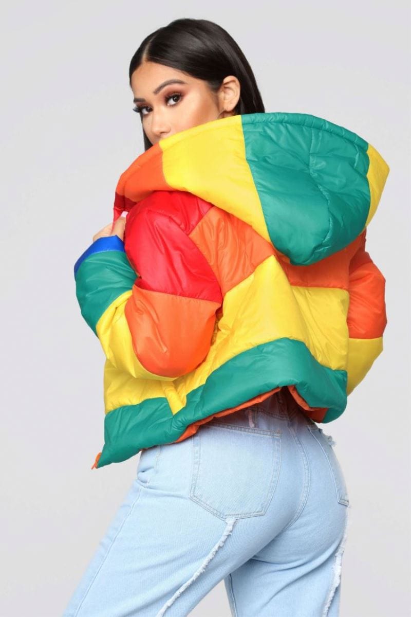 Popular Women Rainbow Print Warm Puffer Jacket Patchwork Winter Bubble Coat Women Parkas Clothes Mantel cappotto vacht frakke